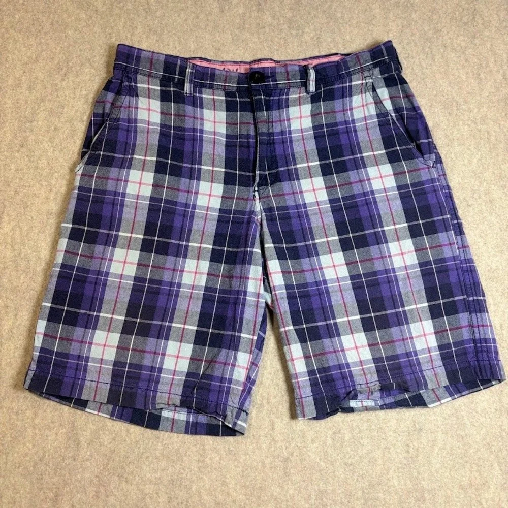 IZOD Plaid Shorts Mens 34 Purple Cotton Preppy Classic Flat Front Casual Trendy
